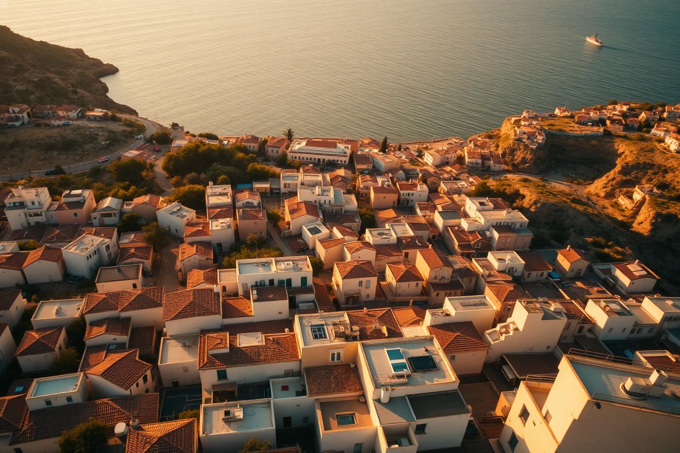 Luchtfoto van Ibiza Stad met kust in de achtergrond