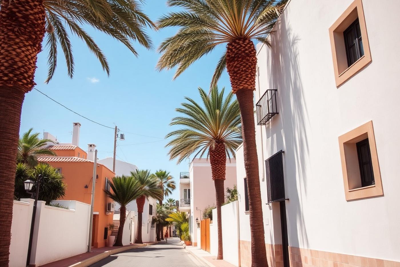 Zonnige residentiële straat in Ibiza met palmen
