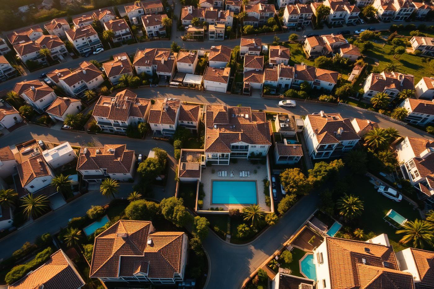 Luchtfoto van een residentiële wijk op Ibiza